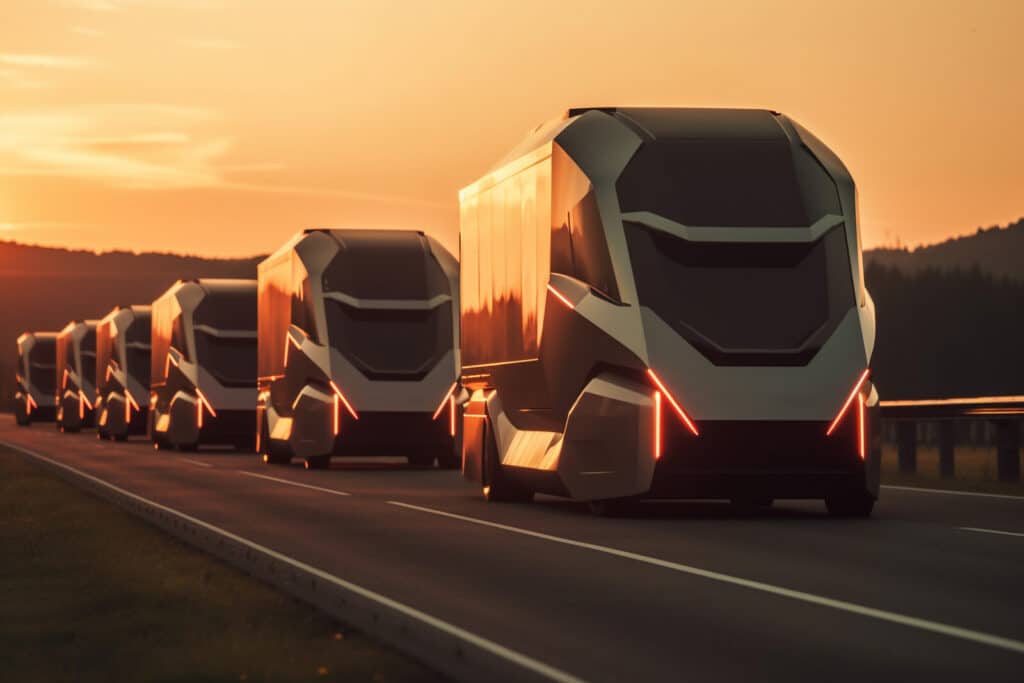 Electric truck driving on the highway at sunset, embodying the promise of sustainable transportation. the image represents the shift towards eco-friendly and efficient vehicles, promoting a cleaner and greener future. ai generated