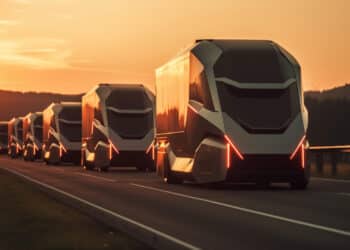 Electric truck driving on the highway at sunset, embodying the promise of sustainable transportation. the image represents the shift towards eco-friendly and efficient vehicles, promoting a cleaner and greener future. ai generated