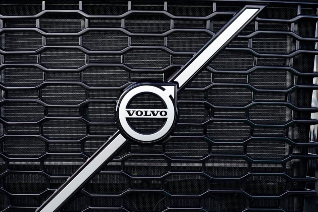 The grille of a Volvo VNR electric truck at Hight Logistics in Long Beach, California, US, on Monday, Dec. 5, 2022. Forum Mobility replaces diesel drayage freight trucks, a major source of toxic emissions, with electric models for a monthly fee.