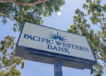 Signage for a Pacific Western Bank branch in Corona, California