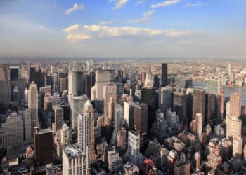 Still, New york city manhattan skyline aerial view with empire state and skyscrapers