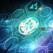 Internet of things concept with blue virtual digital cyber button with icons interface.