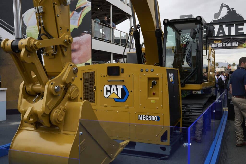 A Caterpillar electric excavator with a MEC500 Mobile Equipment Charger during the ConExpo-Con/Agg tradeshow in Las Vegas, Nevada, US, on Tuesday, March 14, 2023. The convention, which takes place every three years, expects 130,000 attendees.