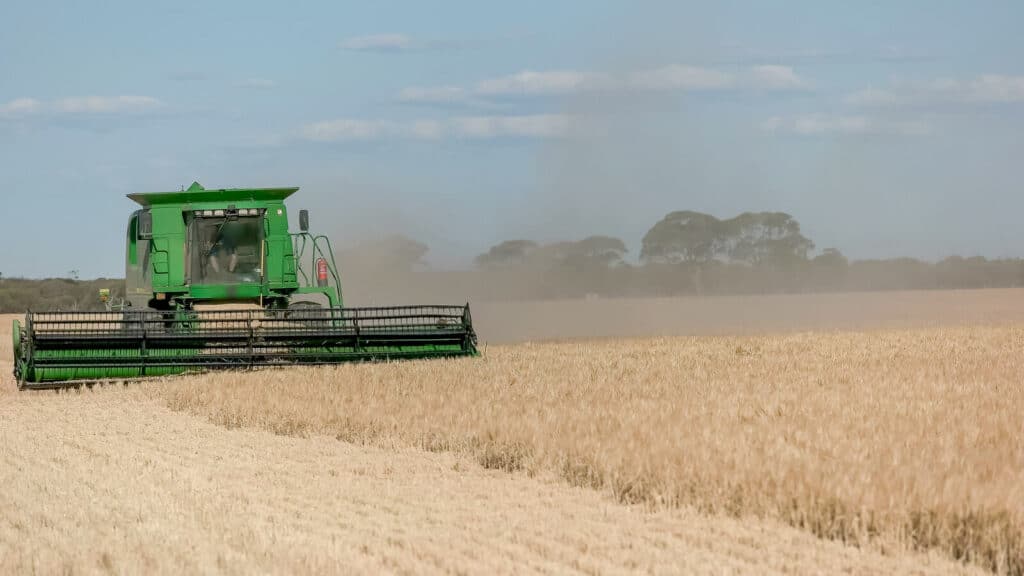 Side on view of a combine header is used on a western australian grain farm to harvest ripe barley