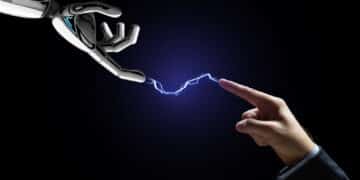 Business, future technology and artificial intelligence concept - robot and human hand connected by lightning over black background