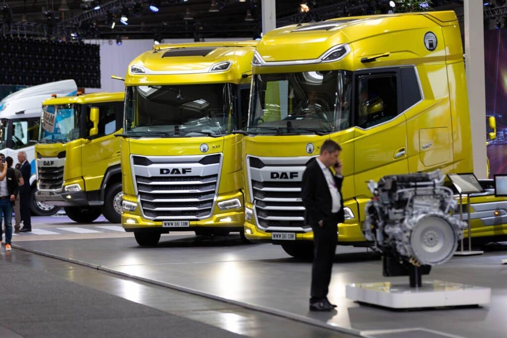 A display of haulage trucks from DAF Trucks NV at the IAA Transportation show in Hanover, Germany, on Monday, Sept. 19, 2022. Global leaders Daimler Truck Holding AG and Volvo AB are joining dozens of commercial-vehicle makers in Germany this week to showcase their latest electric semis, with more zero-emissions vehicles debuting at the IAA Transportation show than ever before.