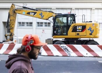 A Caterpillar bulldozer at a construction site in New York.