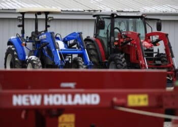 A CNH Industrial NV New Holland Agricultural brand tractor for sale at a Montgomery Tractor Sales Inc. store in Mount Sterling, Kentucky, U.S., on Saturday, Jan. 30, 2021. CNH Industrial is scheduled to release earnings figures on February 2.