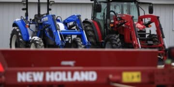 A CNH Industrial NV New Holland Agricultural brand tractor for sale at a Montgomery Tractor Sales Inc. store in Mount Sterling, Kentucky, U.S., on Saturday, Jan. 30, 2021. CNH Industrial is scheduled to release earnings figures on February 2.