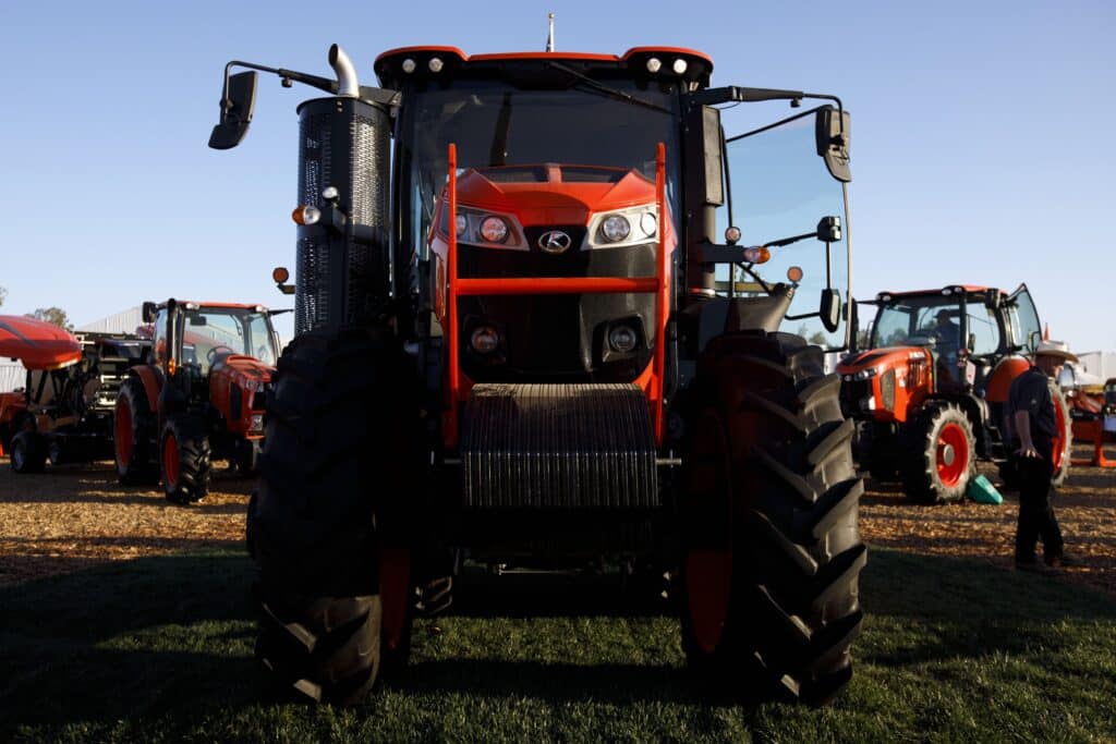 A Kubota Tractor Corp. M8 tractor is displayed during the World Agriculture Expo in Tulare, California, U.S., on Tuesday, Feb. 11, 2020. The annual World AG Expo has more than 1,450 exhibitors displaying the latest in farm equipment, chemicals, communications, and technology.