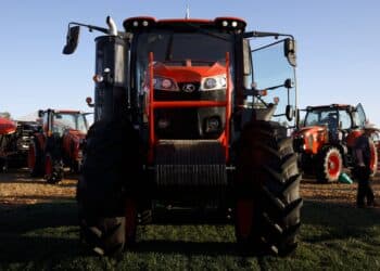 A Kubota Tractor Corp. M8 tractor is displayed during the World Agriculture Expo in Tulare, California, U.S., on Tuesday, Feb. 11, 2020. The annual World AG Expo has more than 1,450 exhibitors displaying the latest in farm equipment, chemicals, communications, and technology.