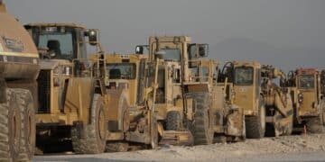 Caterpillar Inc. construction equipment for rent in Otay Mesa, California, U.S., on Monday, Aug. 17, 2020. The Gateway Energy Storage project arrives as an unrelenting heatwave has strained California's electric grid, prompting rolling blackouts that have plunged millions into darkness in the past week.