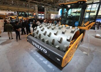 A Volvo SD115B soil compactor vehicle on the Volvo Construction Equipment Corp. stand during the Bauma construction industry fair in Munich, Germany, on Monday, April 11, 2016. The international trade fair for construction machinery, mining machines, construction vehicles and equipment is the world's largest trade fair and is held every three years.