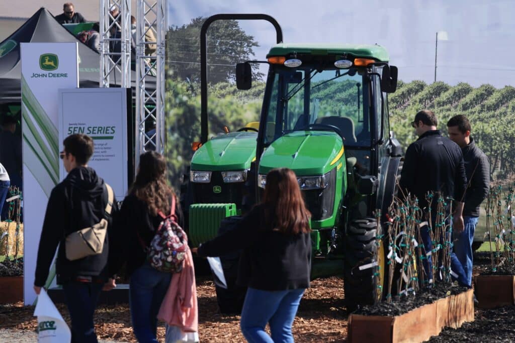 John Deere 5EN Series tractors at the World Agriculture Expo in Tulare, California, US, on Tuesday, Feb. 13, 2024. The annual World AG Expo has more than 1,200 exhibitors displaying the latest in farm equipment, chemicals, communications, and technology.