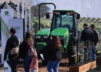 John Deere 5EN Series tractors at the World Agriculture Expo in Tulare, California, US, on Tuesday, Feb. 13, 2024. The annual World AG Expo has more than 1,200 exhibitors displaying the latest in farm equipment, chemicals, communications, and technology.