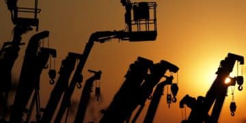 Cranes and boom lifts stand at an equipment rental company near a construction site in Tokyo, Japan, on Tuesday, Jan. 8, 2013. Prime Minister Shinzo Abe aims to compile Japan's economic stimulus package on Jan. 11, and seeks to have new economic growth strategy by mid-year.