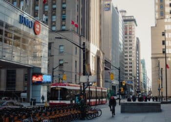 Bank of Montreal (BMO), Bank of Nova Scotia (Scotiabank), and Royal Bank of Canada (RBC) buildings in the financial district of Toronto, Ontario, Canada, on Friday, March 1, 2024. An increase in trading revenue gave Canadas big banks a boost during a quarter largely dominated by larger loan-loss provisions and growing credit stress.