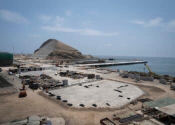 A newly constructed dock area at the construction site of the Chancay Port in Chancay, Peru, on Tuesday, March 5, 2024. One of Beijing's biggest economic beachheads in Peru is currently under construction a massive container port an hours drive north of Lima, in Chancay, built by Chinas state-controlled shipping company.
