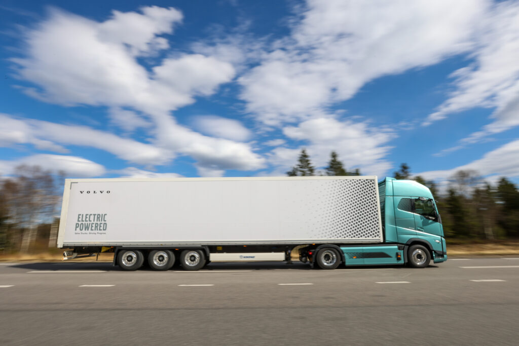 An electric truck, manufactured by Volvo AB, during testing at Hallered Proving Ground, near Gothenburg, Sweden, on Thursday, May 4, 2023. Volvo are due to release their latest earnings on Wednesday, July 19, 2023.