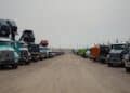 Semi-trucks in a lot during a Ritchie Bros heavy equipment auction in Bolton, Ontario, Canada, on Tuesday, May 9, 2023. Ritchie Bros Auctioneers Inc., a Canadian firm that sells heavy equipment at auctions around North America, struck an agreement in November to buy