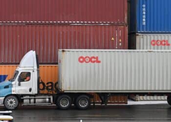 A truck drives through the Port of Montreal in Montreal, Quebec, Canada, on Wednesday, Jan. 17, 2024. The Montreal Port Authority (MPA) says it saw a two per cent decline in volume in 2023 compared to the previous year, CTV News reports.