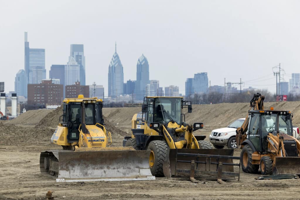 Construction at the site of the Bellwether District, a 1300-acre property slated to become a complex for e-commerce, life sciences and logistics companies, in Philadelphia, Pennsylvania, US, on Tuesday, Feb. 27, 2024. The economy is on the upswing in Philadelphia and its suburbs after several years of pandemic-related weakness, but local Democratic leaders say Biden and the party need to do more to persuade voters that his administration deserves credit for the rebound.