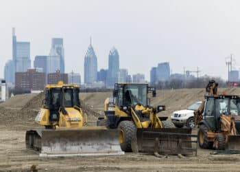 Construction at the site of the Bellwether District, a 1300-acre property slated to become a complex for e-commerce, life sciences and logistics companies, in Philadelphia, Pennsylvania, US, on Tuesday, Feb. 27, 2024. The economy is on the upswing in Philadelphia and its suburbs after several years of pandemic-related weakness, but local Democratic leaders say Biden and the party need to do more to persuade voters that his administration deserves credit for the rebound.