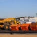 A Volvo AB dumper truck and skips sit on the Tesla Inc. Gigafactory building site in Gruenheide, Germany, on Sunday, Sept. 20, 2020. The plant that underpins its European expansion plans is slated to start production in the summer of 2021.