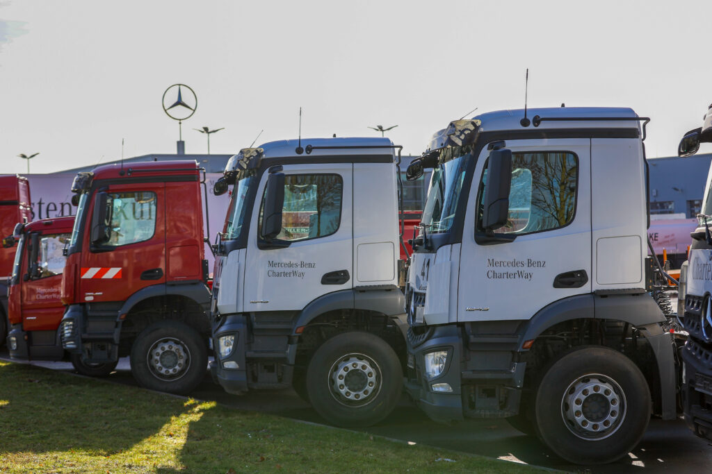 New Mercedes trucks and vans at a Daimler AG truck center in Kalbach, Germany, on Thursday, Feb. 4, 2021. Daimler is moving ahead with plans for an initial public offering of its sprawling heavy-truck unit in what could be one of Germanys largest share sales ever.