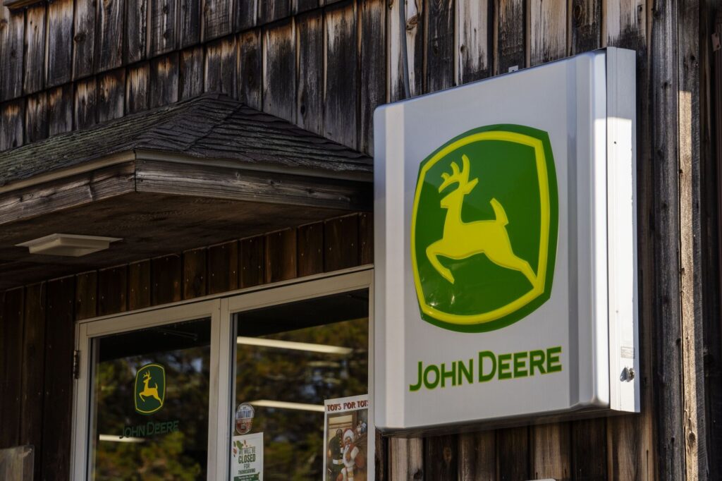 John Deere signage at a United Ag and Turf dealership in Colchester, Connecticut, US, on Friday, Nov. 3, 2023. Deere & Co. is expected to release earnings figures on November 22.