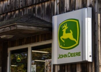 John Deere signage at a United Ag and Turf dealership in Colchester, Connecticut, US, on Friday, Nov. 3, 2023. Deere & Co. is expected to release earnings figures on November 22.