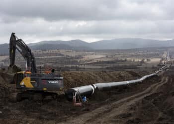 A Volvo AB crawler excavator digs a trench at the 68.25km point during the construction of the Trans Adriatic gas pipeline in Chamilo, Greece, on Thursday, Feb. 23, 2017. The Trans Adriatic Pipeline (TAP) will transport Caspian natural gas to Europe crossing Northern Greece, Albania and the Adriatic Sea coming ashore in Southern Italy to connect the Italian gas network to the Trans Anatolian Pipeline (TANAP).
