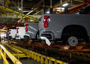 Partially assembled vehicles, including the Chevrolet Silverado 1500 and GMC Sierra 1500, at the General Motors assembly plant in Fort Wayne, Indiana, US, on Tuesday, April 9, 2024. General Motors Co. is scheduled to release earnings figures.