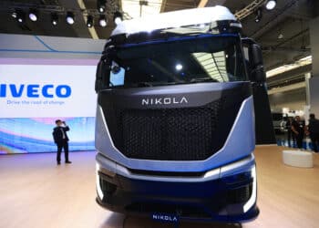 A Nikola Corp. Tre FCEV truck following its unveiling at the IAA Transportation show in Hanover, Germany, on Monday, Sept. 19, 2022. Global leaders Daimler Truck Holding AG and Volvo AB are joining dozens of commercial-vehicle makers in Germany this week to showcase their latest electric semis, with more zero-emissions vehicles debuting at the IAA Transportation show than ever before.