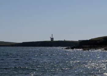 The launchpad of the SaxaVord Spaceport, from Skaw Beach on Unst in the Shetland Islands, UK, on Monday, May 20, 2024. SaxaVord, a former military site, plans to subsidize rocket launches by becoming a one-of-a-kind travel destination.