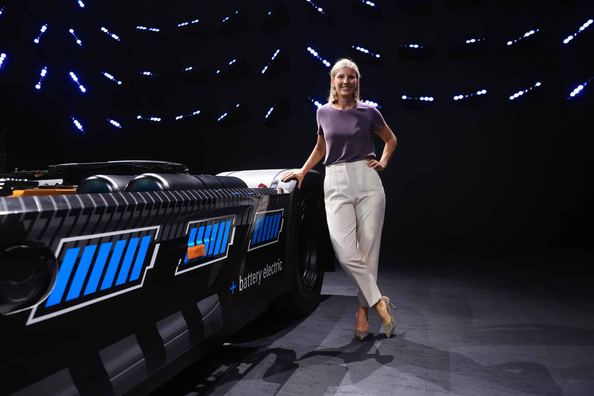 Karin Radstrom, chief executive officer of Daimler Truck Holding AG, beside the Mercedes-Benz eActros LongHaul electric truck at the IAA Transportation show in Hanover, Germany, on Monday, Sept. 19, 2022. Global leaders Daimler Truck Holding AG and Volvo AB are joining dozens of commercial-vehicle makers in Germany this week to showcase their latest electric semis, with more zero-emissions vehicles debuting at the IAA Transportation show than ever before.