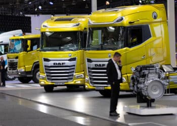 A display of haulage trucks from DAF Trucks NV at the IAA Transportation show in Hanover, Germany, on Monday, Sept. 19, 2022. Global leaders Daimler Truck Holding AG and Volvo AB are joining dozens of commercial-vehicle makers in Germany this week to showcase their latest electric semis, with more zero-emissions vehicles debuting at the IAA Transportation show than ever before.