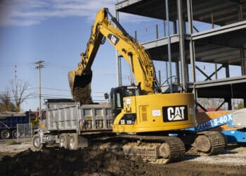A Caterpillar bulldozer at a construction site in Hudson, New York, US.