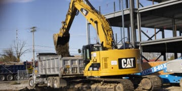 A Caterpillar bulldozer at a construction site in Hudson, New York, US.