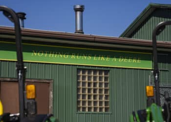 John Deere signage at a United Ag and Turf dealership in Colchester, Connecticut, US, on Friday, Nov. 3, 2023. Deere & Co. is expected to release earnings figures on November 22.