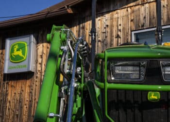John Deere equipment for sale at a United Ag and Turf dealership in Colchester, Connecticut, US, on Friday, Nov. 3, 2023. Deere & Co. is expected to release earnings figures on November 22.