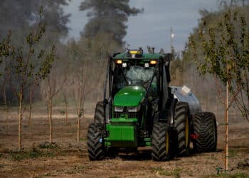 The John Deere autonomous orchard tractor during a Deere & Co. automation technology preview event in Gilroy, California.