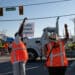 Workers picket outside of the Port of Savannah in Georgia in Oct. 2024.