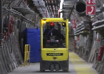 An employee drives a narrow aisle truck, manfactured by Hyster Co., in the tunnel system at the Cigeo project, a nuclear laboratory and underground storage facility site operated by National Agency for Radioactive Waste Management (Andra), in Bure, France, on Monday, March 25, 2019. France, which produces more nuclear waste per-capita than any other country, is the world's second-biggest producer of nuclear energy, just behind the U.S. and just ahead of China.