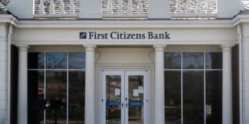 A First Citizens Bank branch in Alpharetta, Georgia, US, on Thursday, March 23, 2023. First Citizens BancShares Inc., one of the biggest buyers of failed US lenders, is still hoping to strike a deal for all of Silicon Valley Bank, according to people familiar with the matter. 