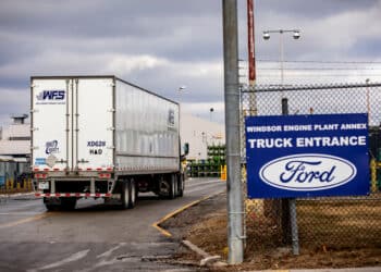 A truck enters the Ford Windsor Engine Plant in Windsor, Ontario, Canada, on Tuesday, Feb. 4, 2025. US President Donald Trump's proposed tariffs against Canada and Mexico would threaten production at automakers across North America and send record vehicle prices even higher, with about a quarter of a trillion dollars in trade that would be disrupted.