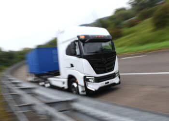 A Nikola Tre battery-electric heavy duty truck on the Iveco test track at the Nikola-Iveco joint venture electric truck plant in Ulm, Germany, in 2021.
