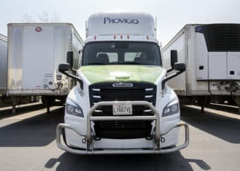 A Freightliner eCascadia electric truck at a Provigo distribution center in Boucherville, Quebec, Canada, on Wednesday, May 10, 2023. Loblaw pledged that by 2030 it would decarbonize its fleet of more than 160 company-owned day-cab trucks.