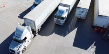Tractor trailers at a truck depot along the US-Mexico border in Ciudad Juarez, Chihuahua state, Mexico, on Tuesday, Feb. 4, 2025. US President Donald Trump agreed to delay 25% tariffs against Mexico for one month after a conversation with his counterpart Claudia Sheinbaum on Monday, a dramatic turnabout with the neighboring nations on the brink of a trade war.