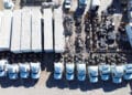 Tractor trailers parked at a truck depot along the US-Mexico border in Ciudad Juarez, Chihuahua state, Mexico, on Tuesday, Feb. 4, 2025. US President Donald Trump agreed to delay 25% tariffs against Mexico for one month after a conversation with his counterpart Claudia Sheinbaum on Monday, a dramatic turnabout with the neighboring nations on the brink of a trade war.